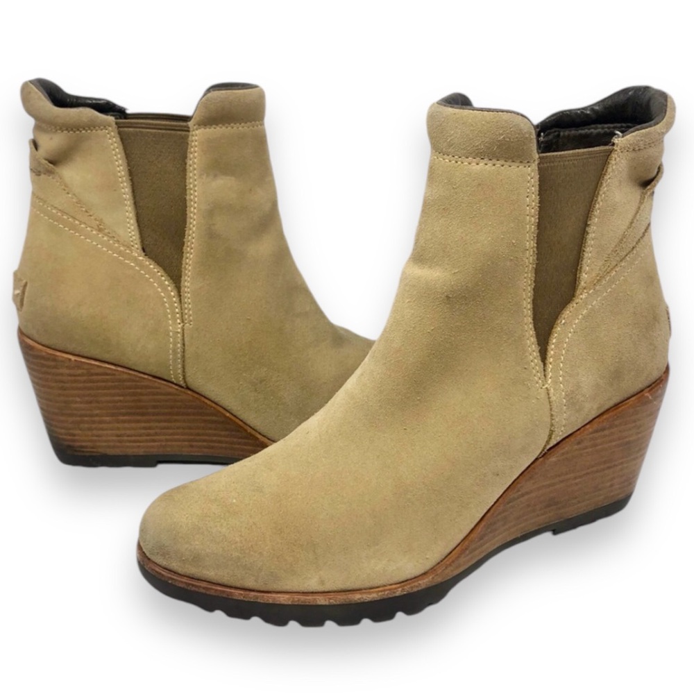 SOREL After Hours Tan Suede Wedge Heel Chelsea Boots Slip On Ankle Booties